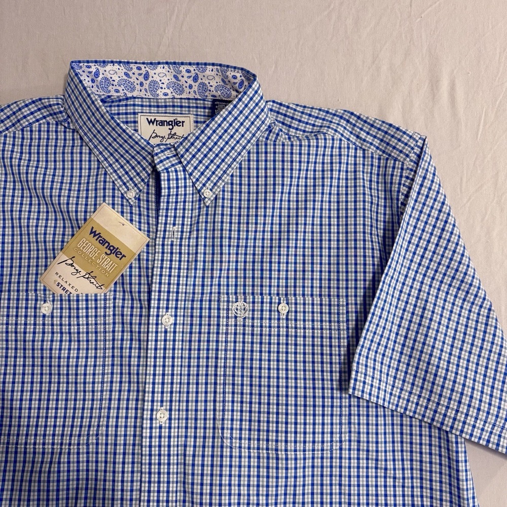 Wrangler George Strait Relaxed Fit Stretch Plaid Short Sleeve Shirt Mens XL Blue